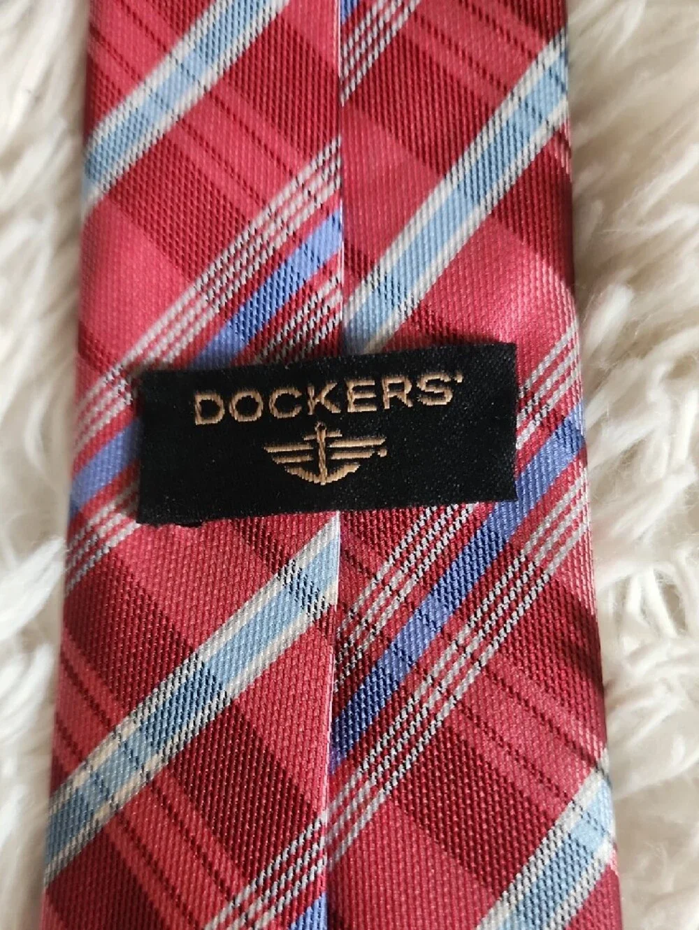 Dockers Red Plaid Men's Tie with Blue and White Stripes